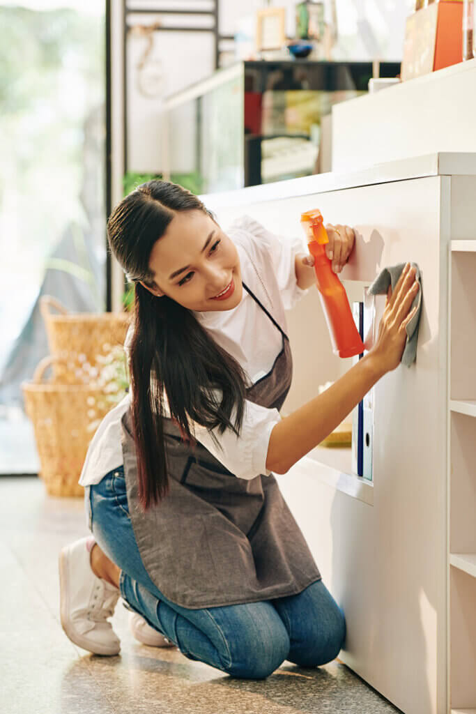 A beautiful young woman in an apron kneeling down and cleaning a white cabinet using hydrogen peroxide.