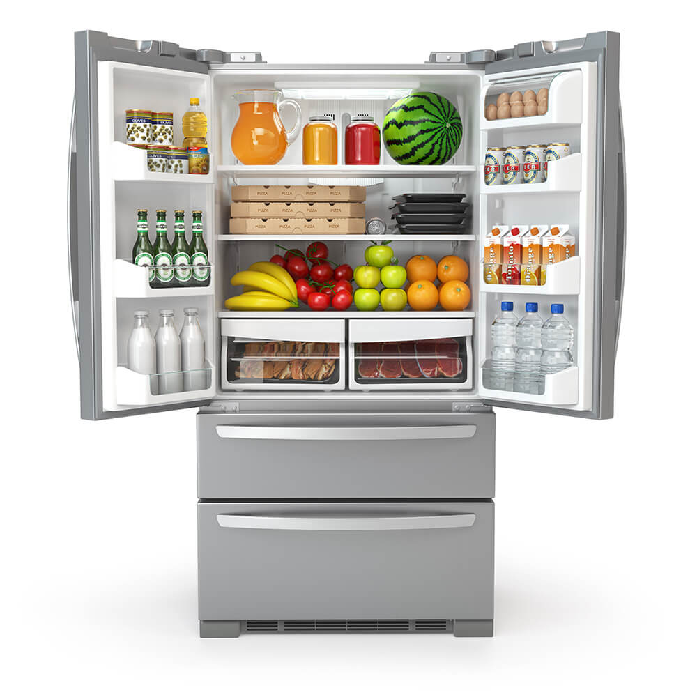 A French door refrigerator filled with various colorful fruits and vegetables, and a bottle of 3% food grade hydrogen peroxide.