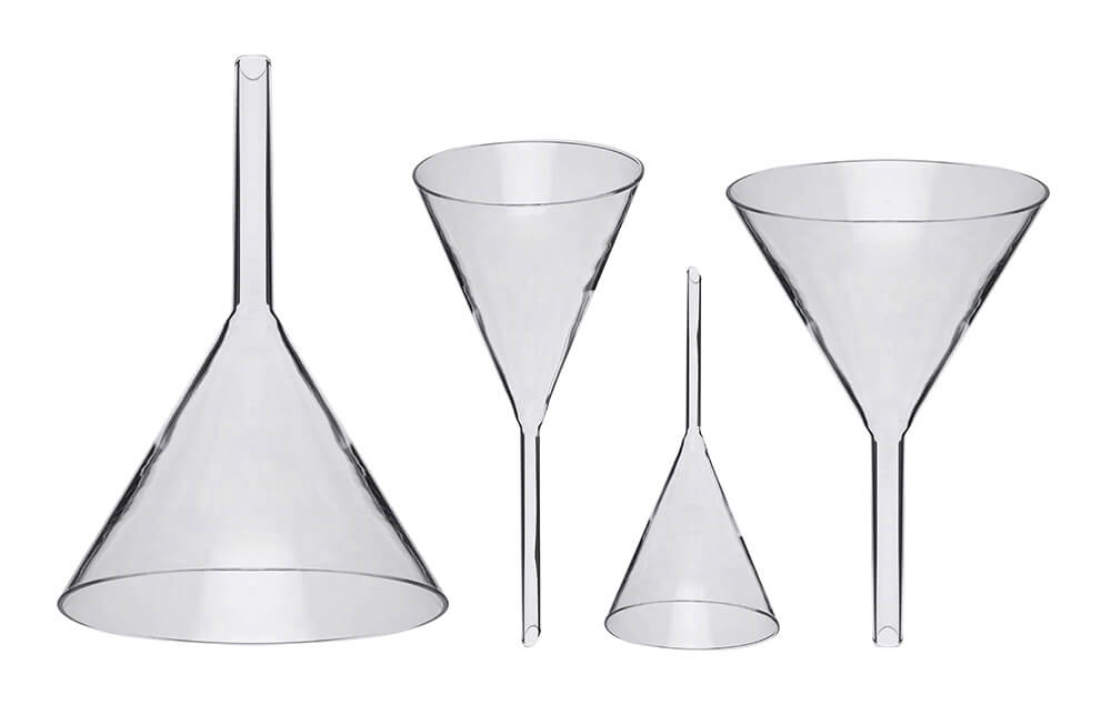 An image of four clear plastic funnels typically used for diluting hydrogen peroxide.