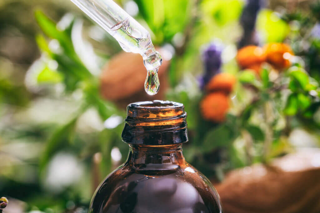 Image of an amber glass dropper bottle filled with food grade hydrogen peroxide.
