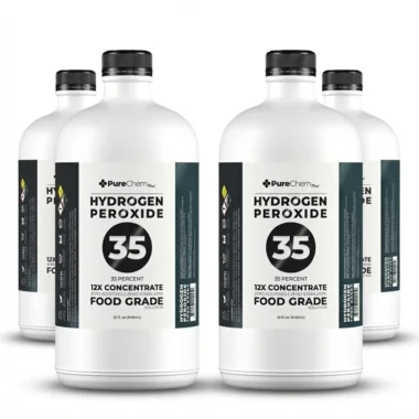Four 32-ounce bottles of 35% food grade hydrogen peroxide (12X concentrate) displayed together on a white background with premium labels and vented caps.