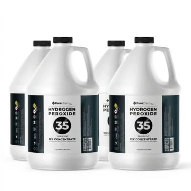 Four 1-gallon containers of 35% food grade hydrogen peroxide (12X concentrate) displayed on a white background with black vented caps and premium labels.