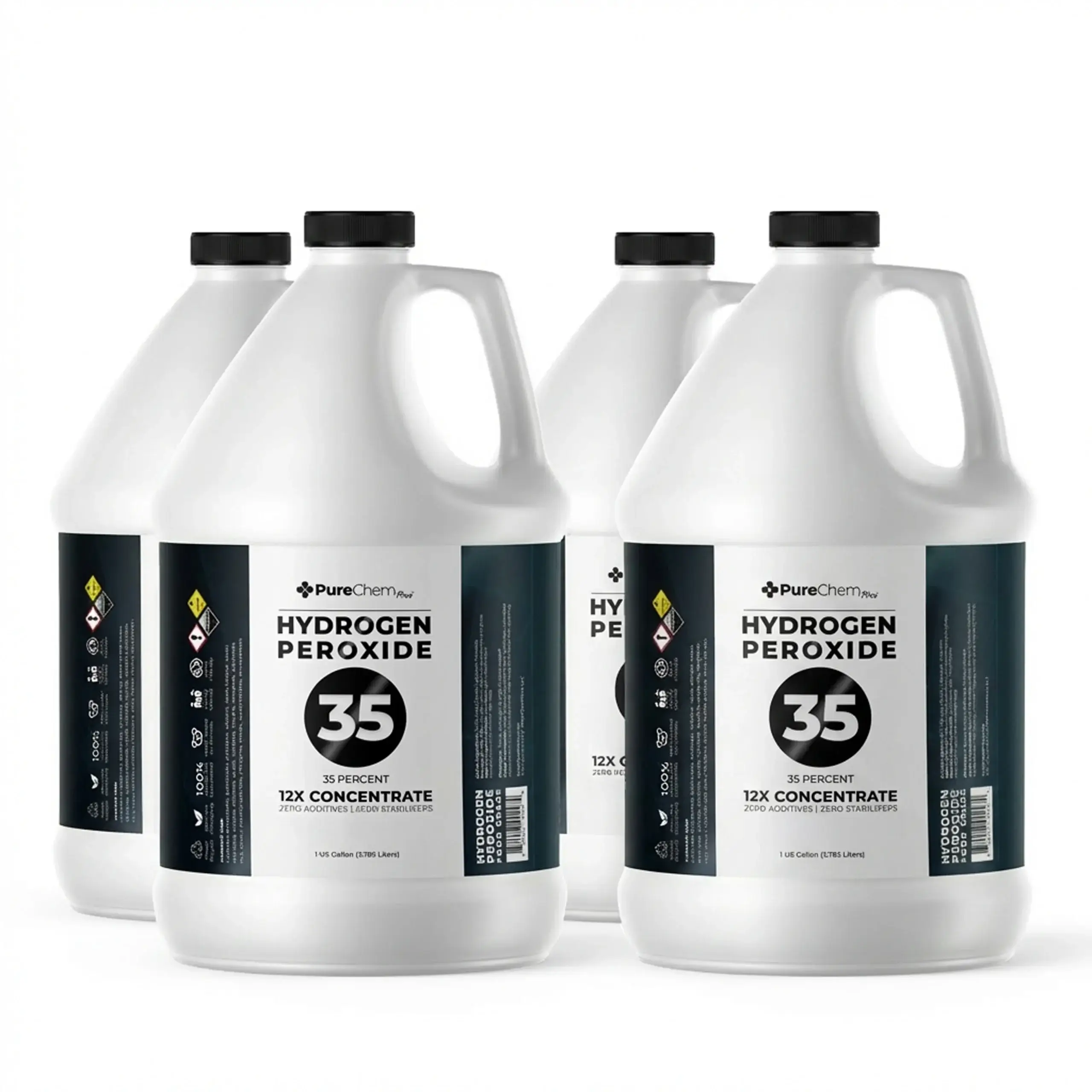 Four 1-gallon containers of 35% food grade hydrogen peroxide (12X concentrate) displayed on a white background with black vented caps and premium labels.