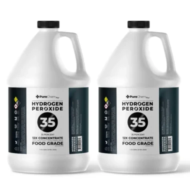 Two 1-gallon containers of 35% food grade hydrogen peroxide (12X concentrate) displayed on a white background with premium labels and vented caps.