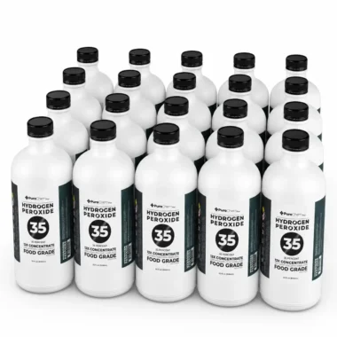 Sixteen 32-ounce bottles of 35% food grade hydrogen peroxide (12X concentrate) displayed together on a white background with premium labels and vented caps.