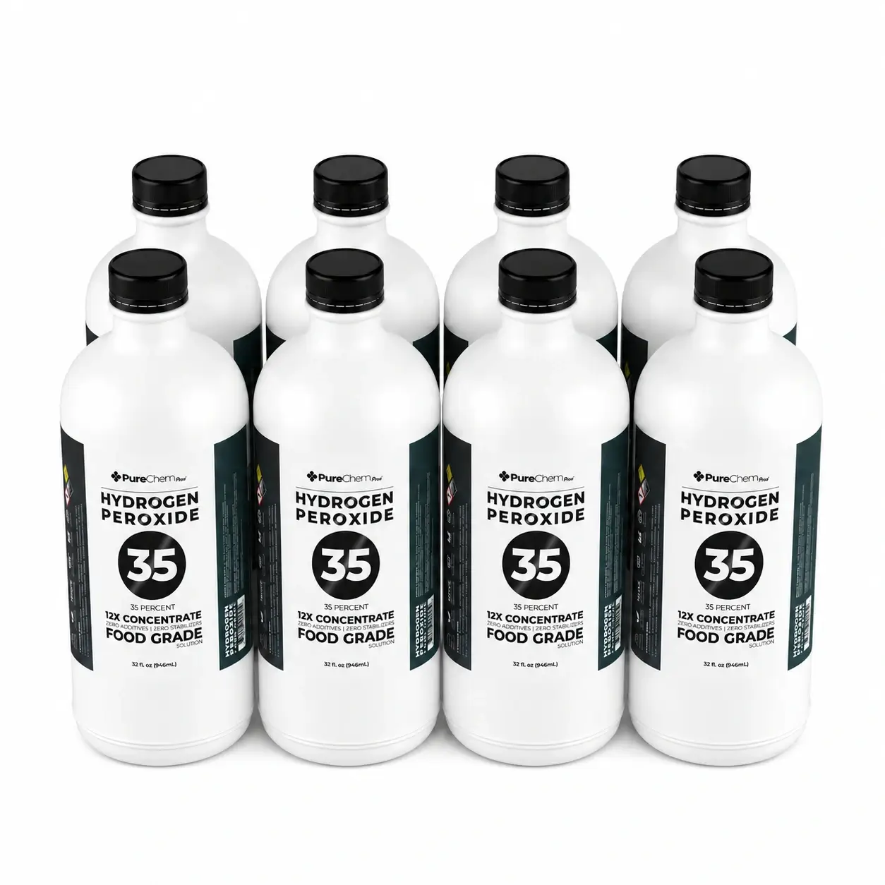 Eight pack of 32 oz bottles of 35% hydrogen peroxide equivalent to one gallon
