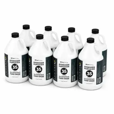 Eight 1-gallon containers of 35% food grade hydrogen peroxide (12X concentrate) arranged on a white background for a clean product display.