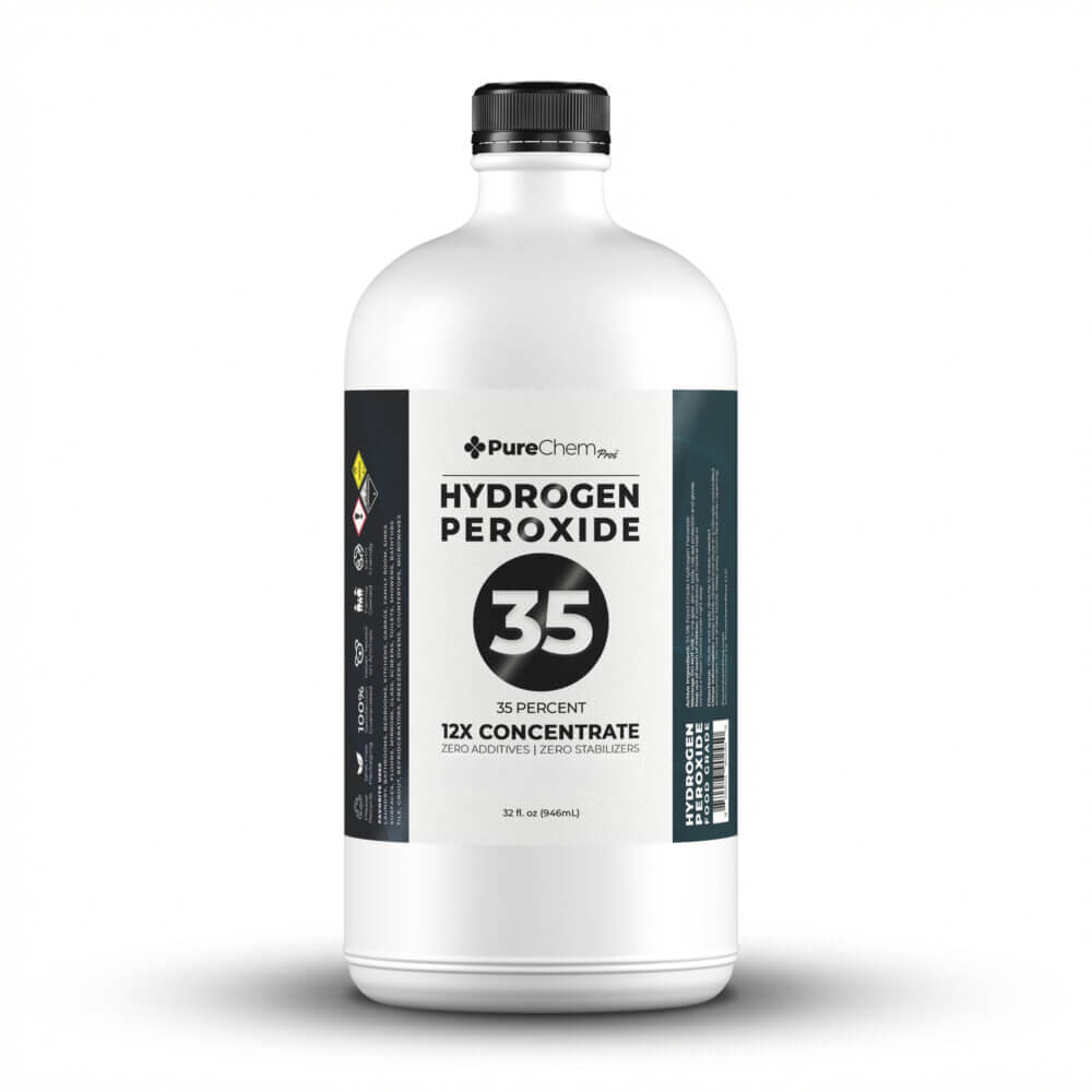 32 oz bottle of 35% hydrogen peroxide solution in HDPE container