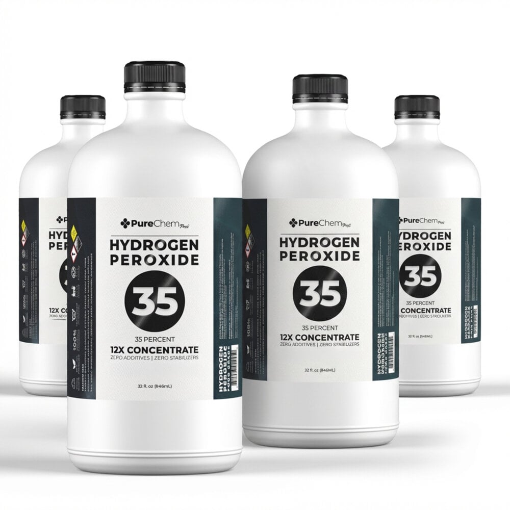 Four pack of 32 oz bottles of 35% hydrogen peroxide equivalent to one gallon
