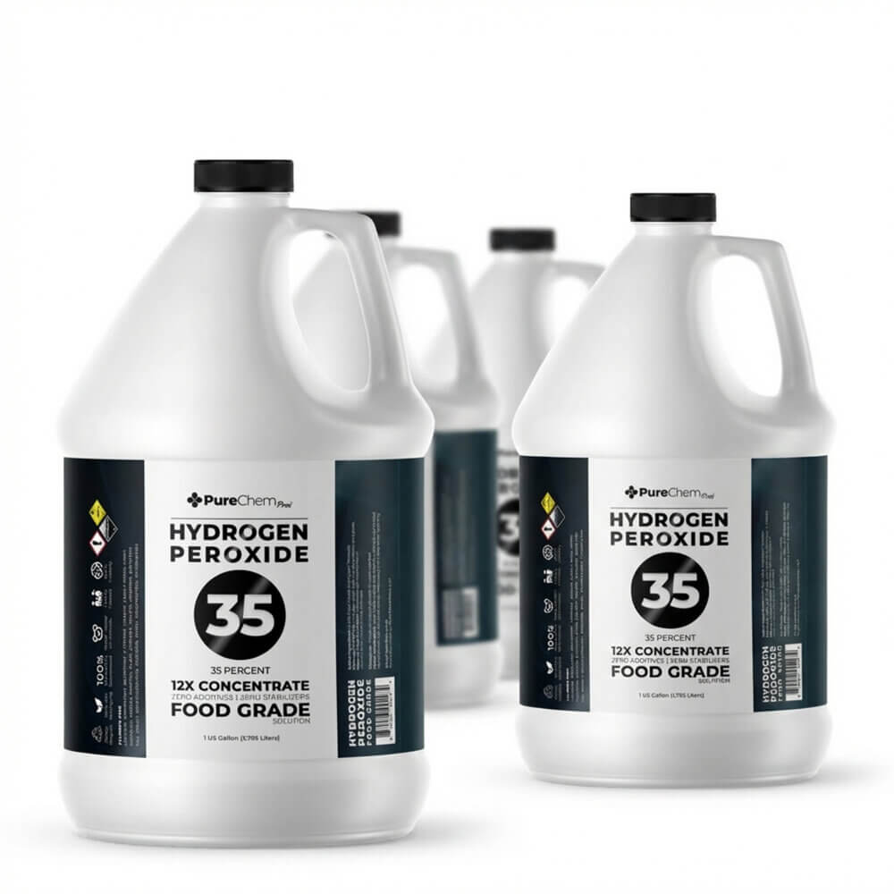 Four gallon containers of 35% hydrogen peroxide solution in HDPE bottles