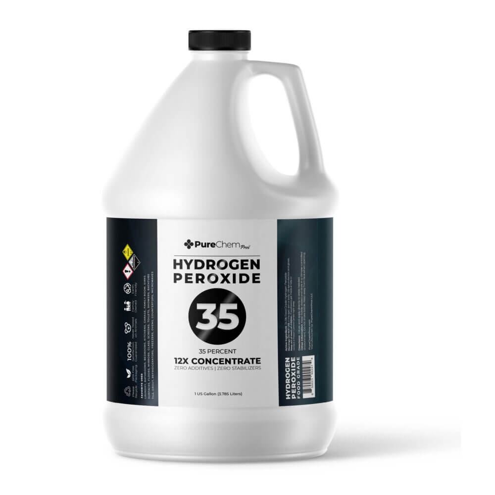 Gallon container of 35% hydrogen peroxide solution in white HDPE bottle
