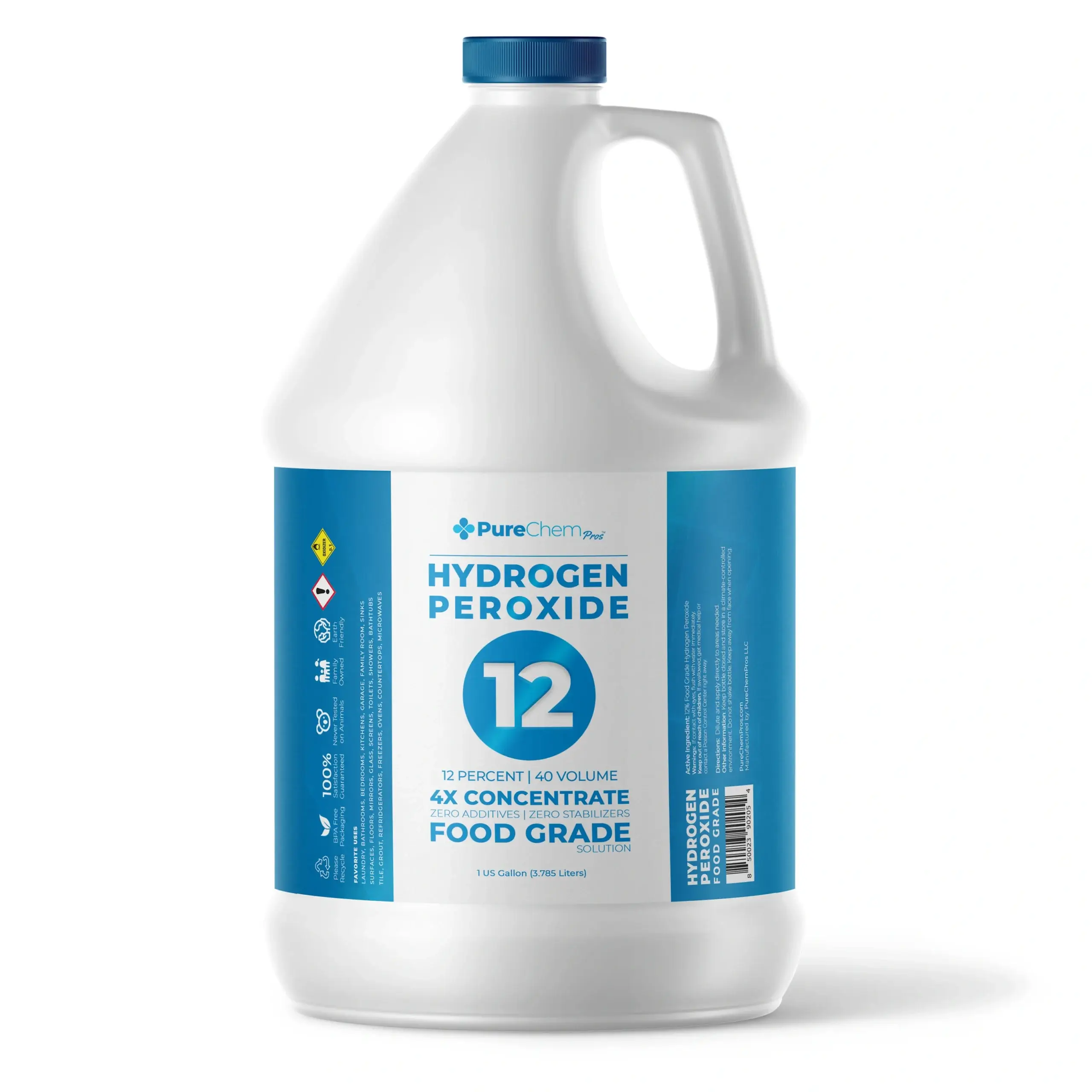 One 1-gallon bottle of 12% hydrogen peroxide displayed on a white background in a durable HDPE container with a secure cap.
