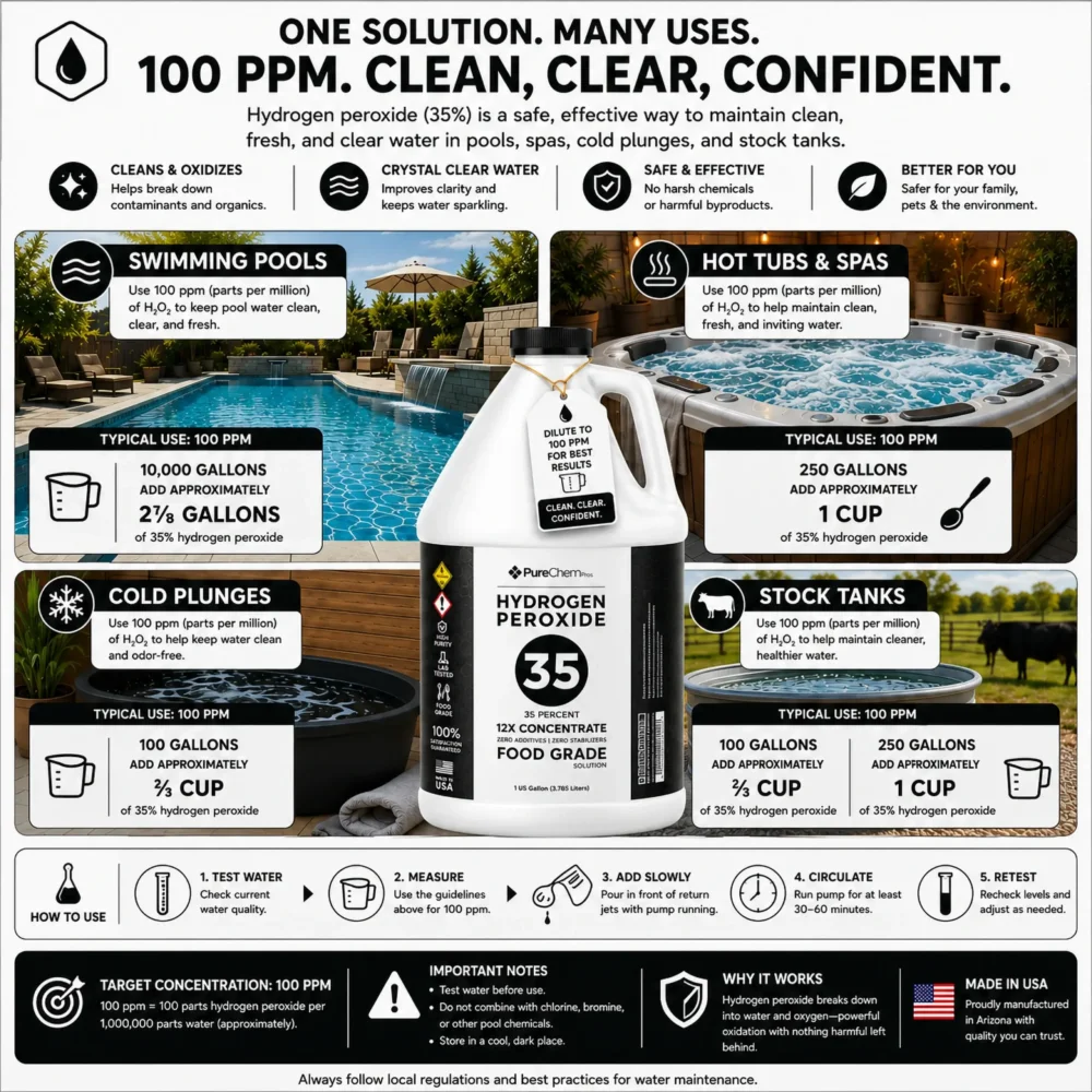 Infographic highlighting properly diluted applications of 35% food grade hydrogen peroxide for cleaning, gardening, laundry, and household maintenance.