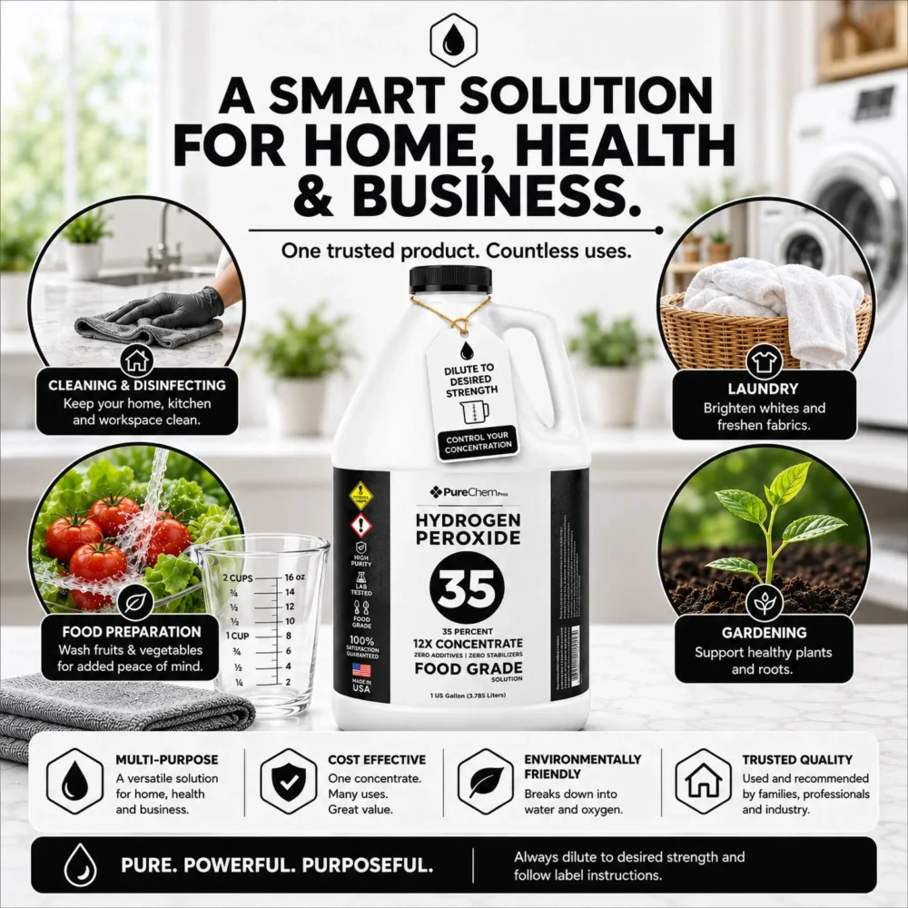 Infographic showing properly diluted 35% food grade hydrogen peroxide for household cleaning, kitchens, bathrooms, laundry, and general home use.