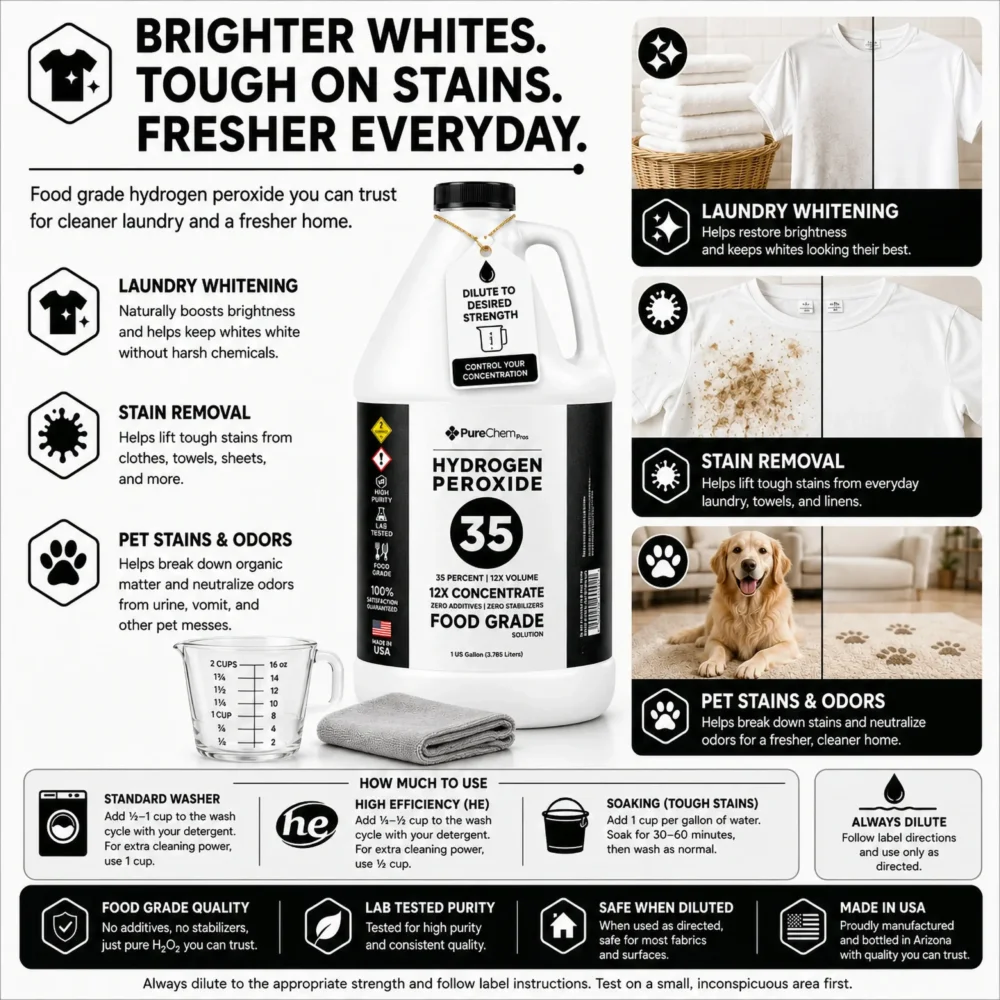 Laundry infographic explaining how diluted 35% food grade hydrogen peroxide can be used for whitening laundry and stain removal.