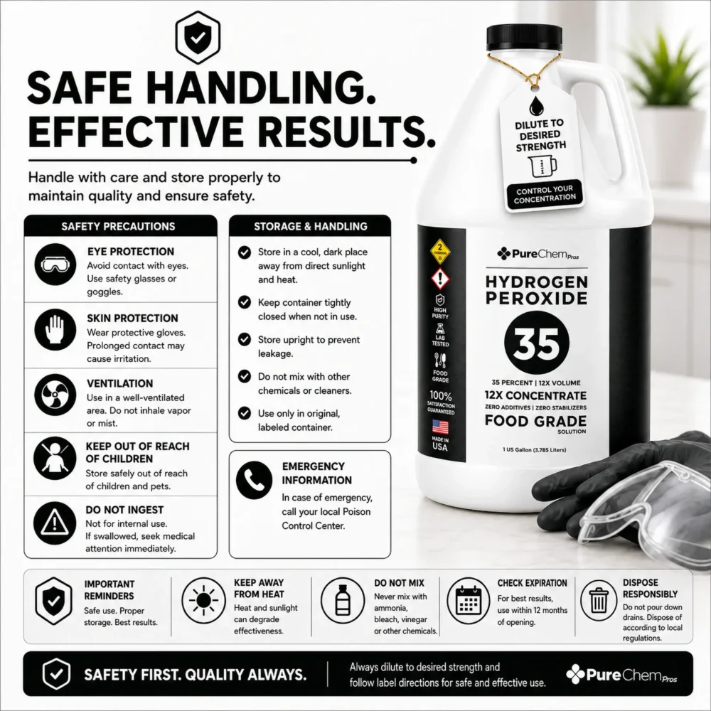 Safety infographic explaining safe handling, storage, PPE, and dilution practices for 35% food grade hydrogen peroxide.