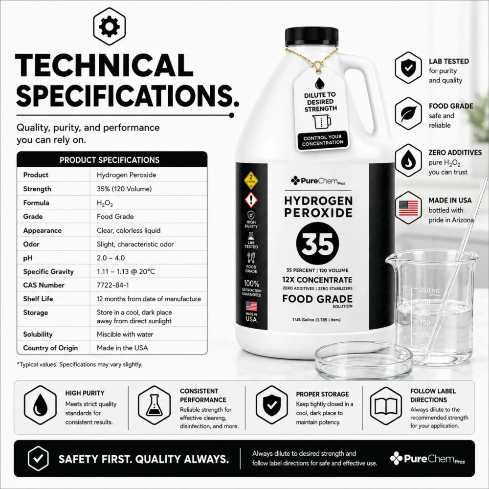 Technical specification sheet for 35% food grade hydrogen peroxide showing purity, product details, storage, and handling information.