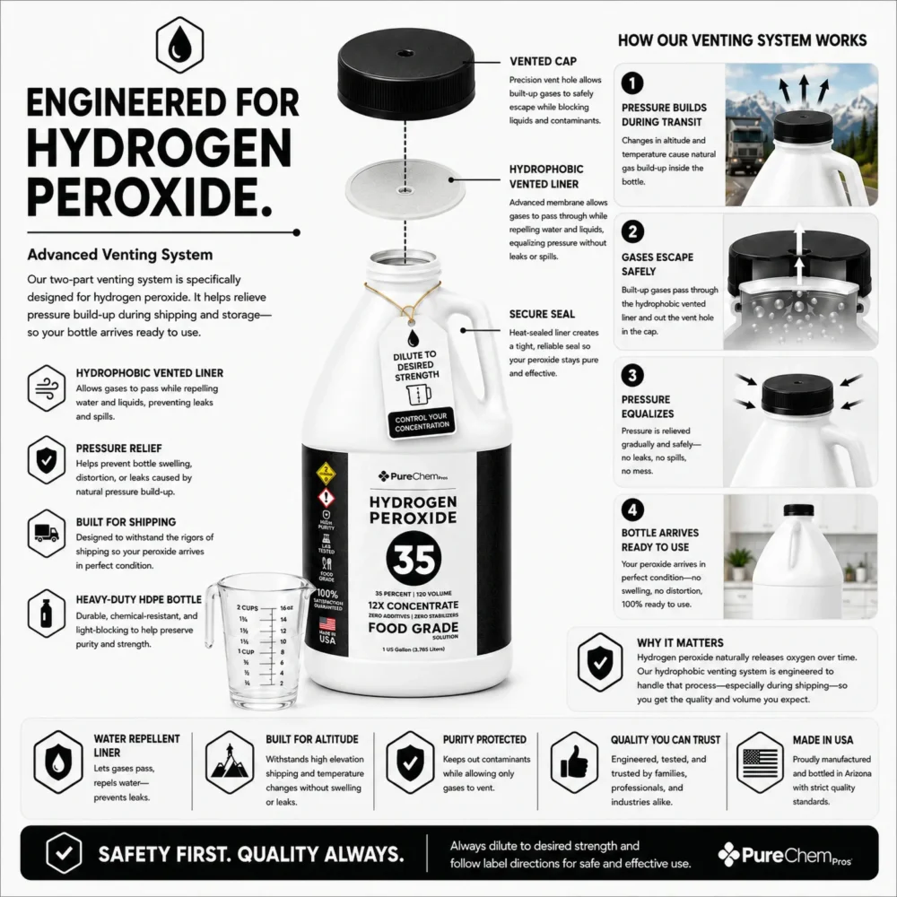 Exploded view of the vented cap used on 35% food grade hydrogen peroxide bottles, illustrating pressure relief and leak prevention.