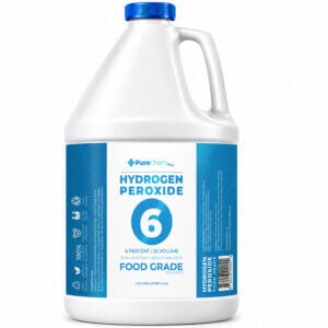 White one-gallon jug of 6% food grade hydrogen peroxide with a blue cap and blue-and-white label on a white background.