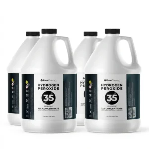 Four white one-gallon jugs of 35% food grade hydrogen peroxide with black caps.