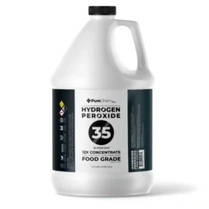 A white one-gallon jug of 35% food grade hydrogen peroxide on a white background.