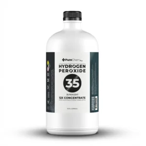 A white 32-ounce bottle of 35% food grade hydrogen peroxide on a white background.