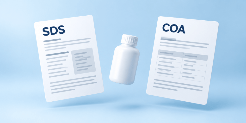 Conceptual SDS and COA document cards beside a closed, unbranded chemical bottle