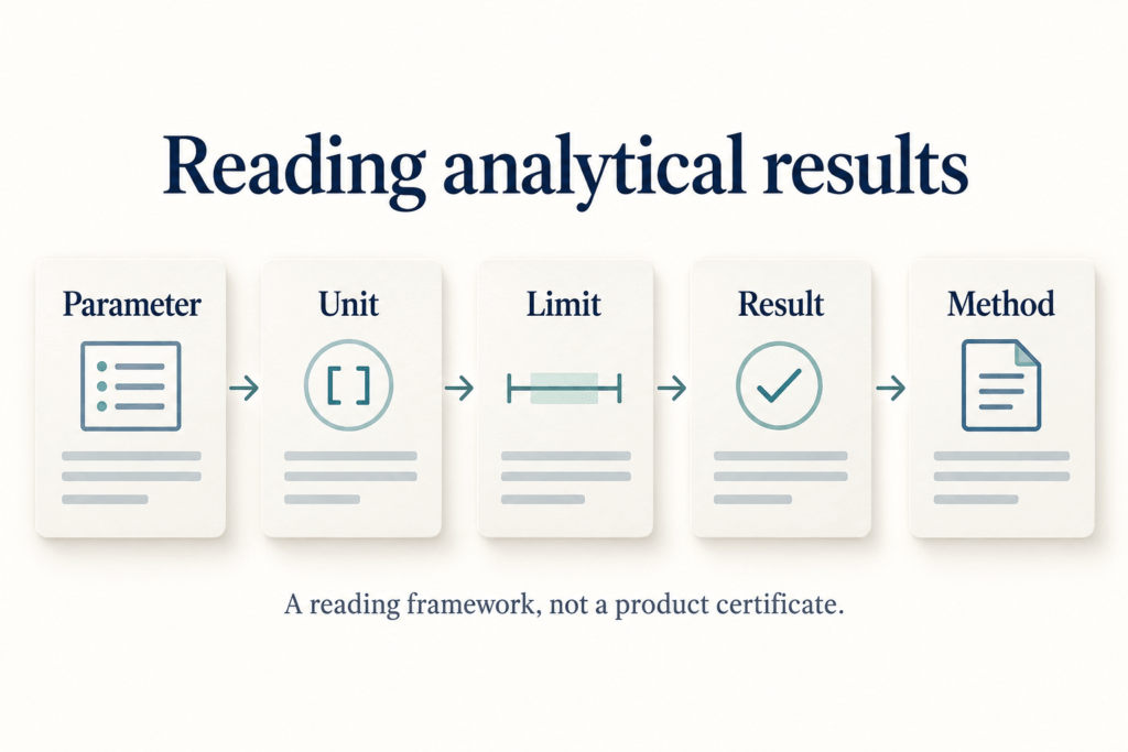 Five fields to check when reading a hydrogen peroxide analytical result: parameter, unit, limit, result and method.