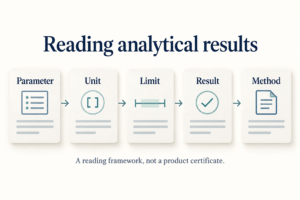 Five fields to check when reading a hydrogen peroxide analytical result: parameter, unit, limit, result and method.