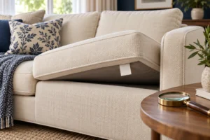 Illustration of a sofa cushion lifted to reveal an upholstery care tag.
